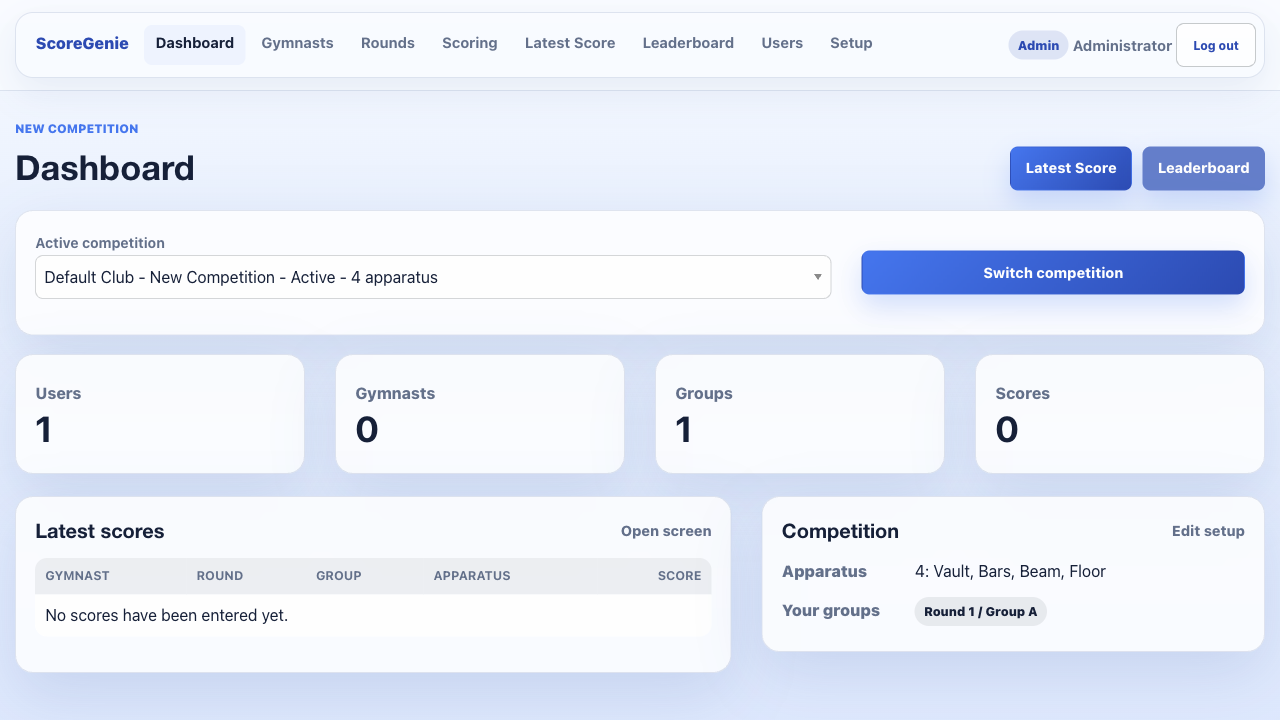ScoreGenie dashboard showing competition stats and latest scores