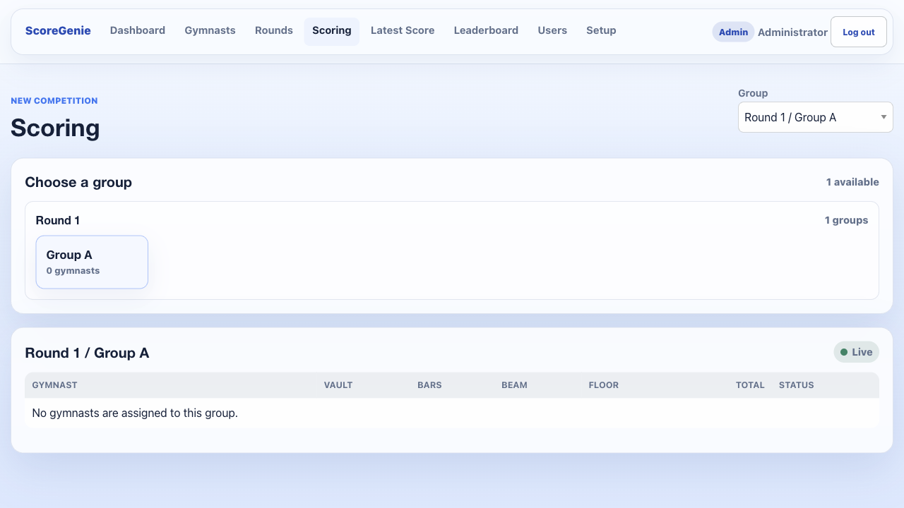 ScoreGenie scoring screen with round and group selection