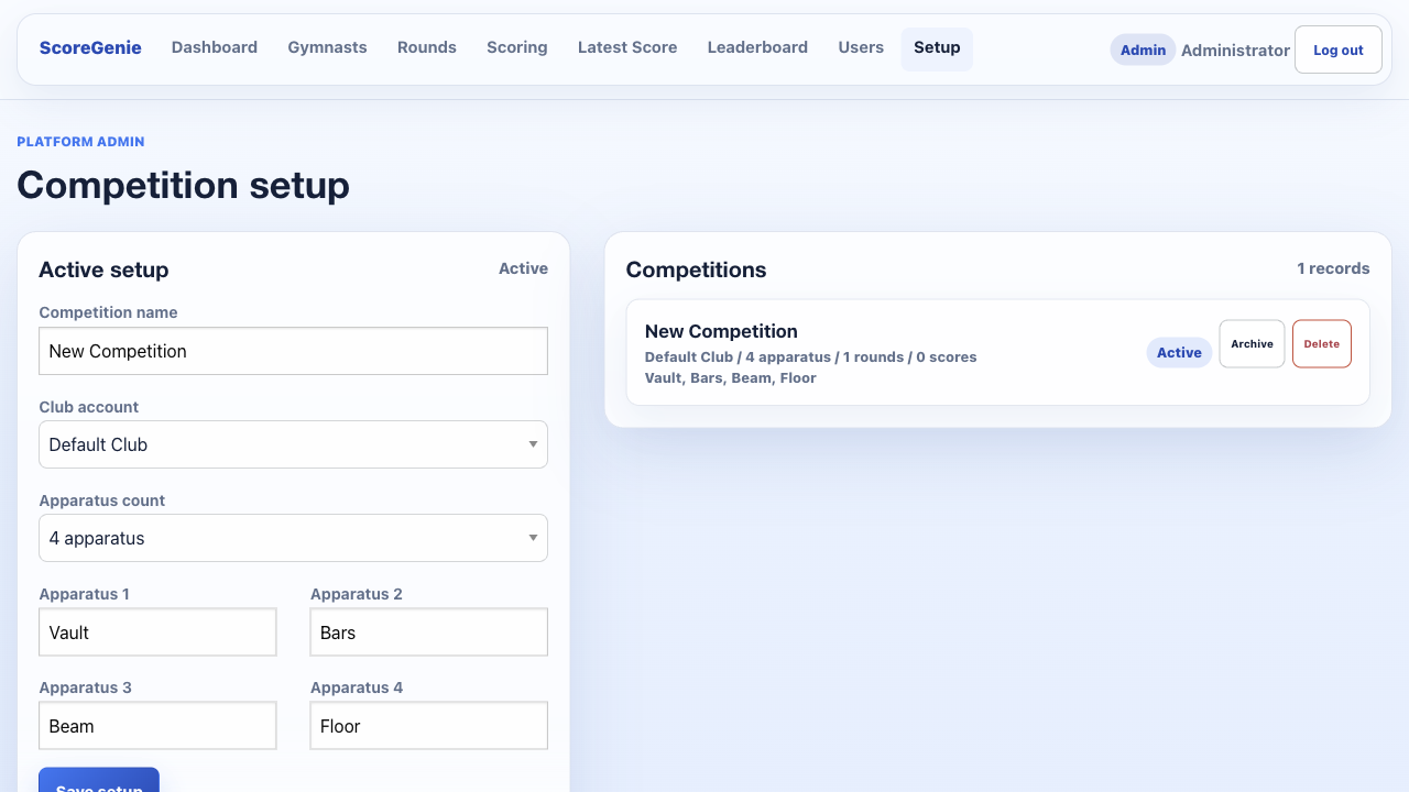 ScoreGenie competition setup screen showing apparatus configuration